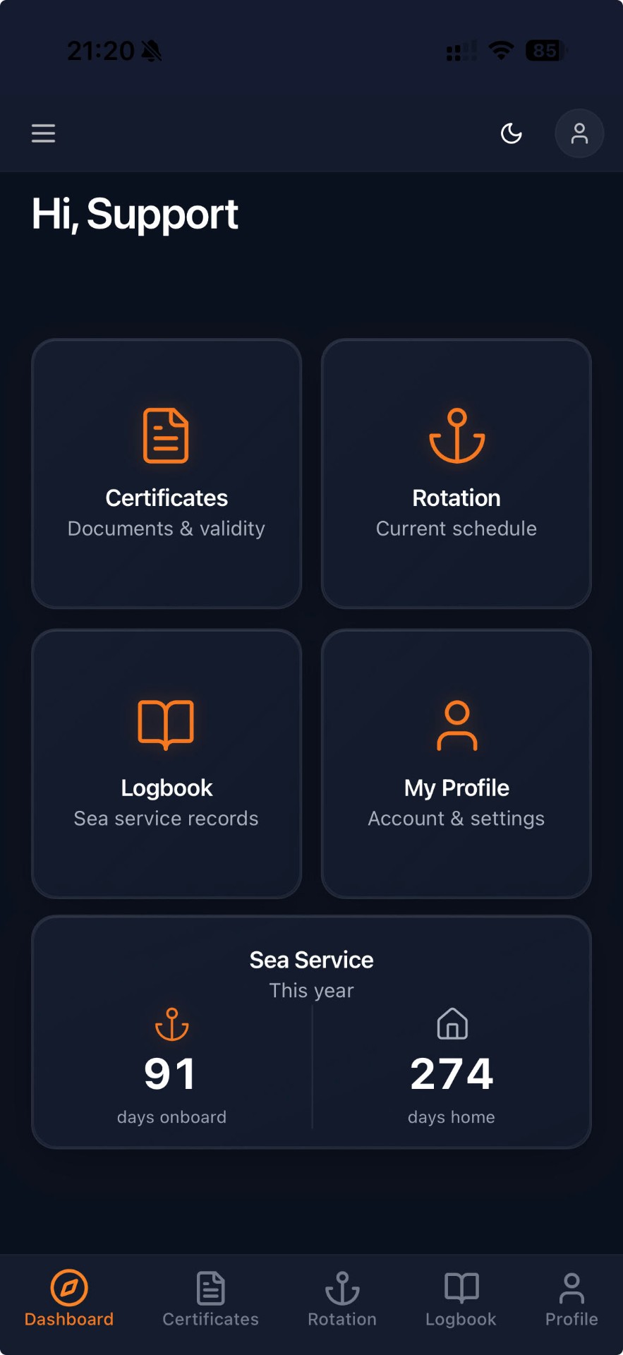 CrewID dashboard showing certificates, rotation, logbook, profile, and sea service summary