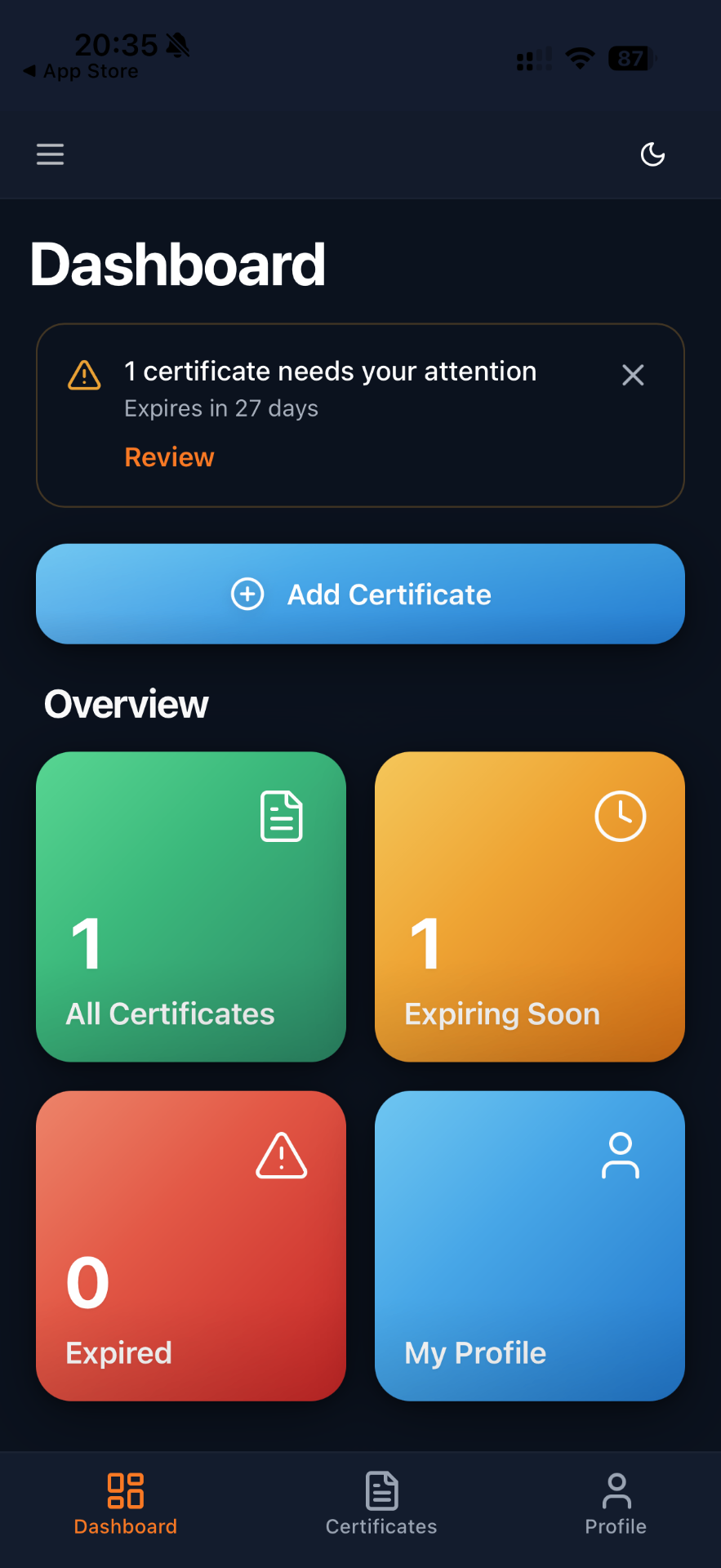 LogCerts dashboard showing certificate alerts, add certificate action, and overview tiles